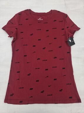Nike Just Do It Shirt Womens M Red Swoosh Aop Logo Graphic The Nike Tee EUC